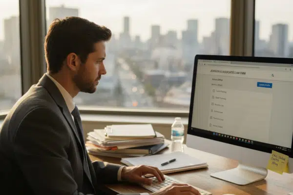 Attorney updates Google profile at office desk