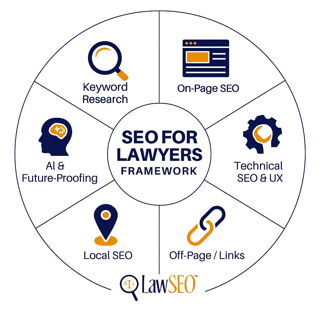 Infographic showing the six-part SEO for lawyers framework from LawSEO