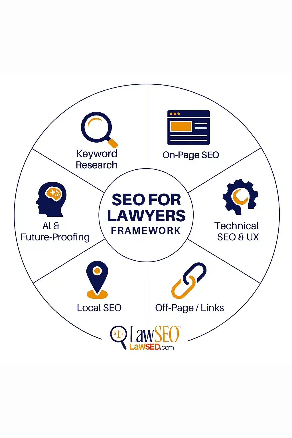 Infographic showing the six-part SEO for lawyers framework from LawSEO