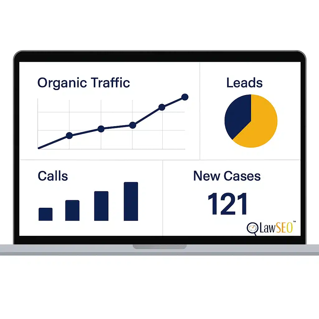 Law firm SEO analytics dashboard graphic showing growth in organic traffic, leads, and new cases