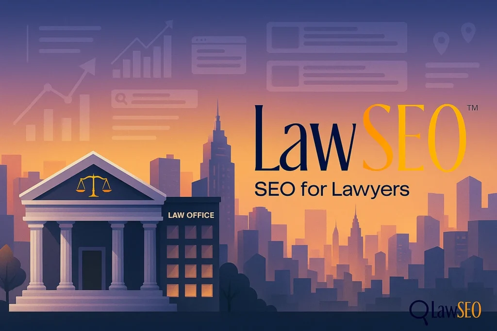 SEO for lawyers hero graphic showing law firm buildings with rising SEO charts and the LawSEO logo