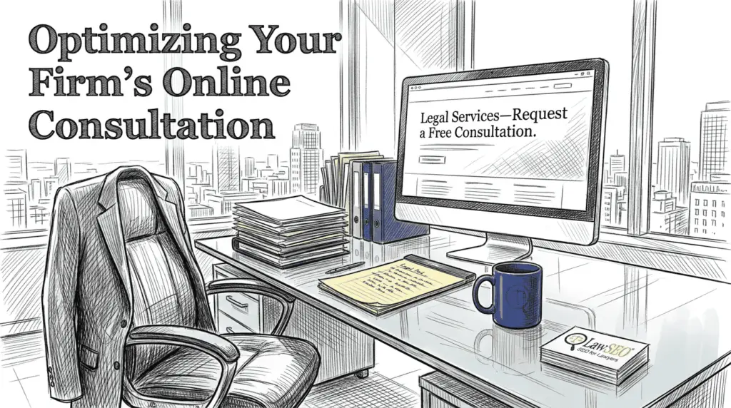 Attorney reviewing lawyer landing page on office computer