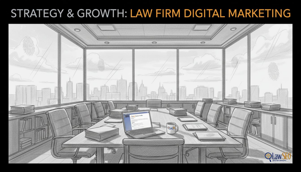 Attorney updating Google profile at conference table