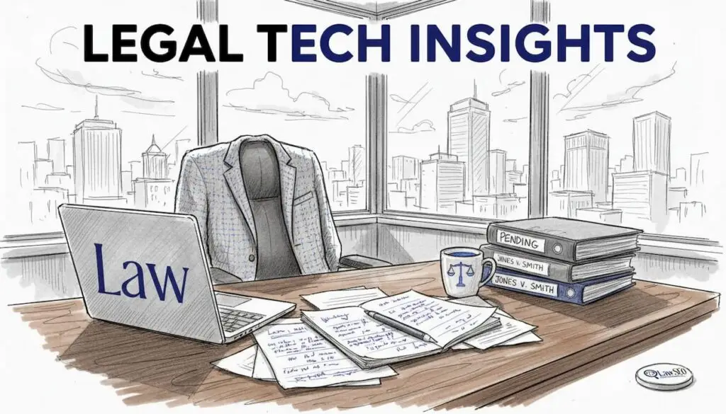 Attorney reviews emails in law office corner