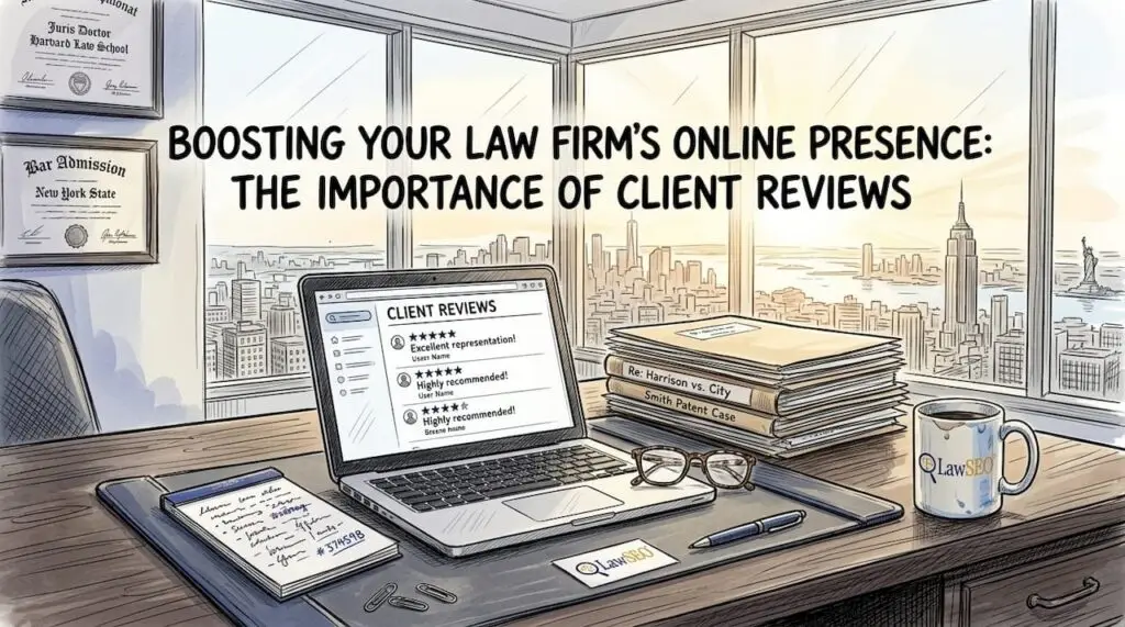 Attorney reading client reviews at desk
