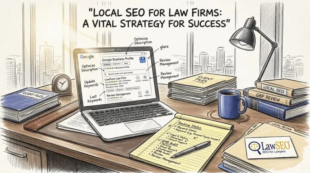 Law partner reviewing online profile in office