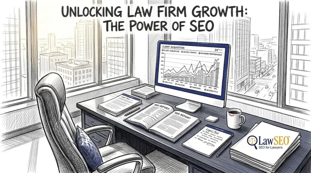 Attorney reviewing SEO in corner office workspace