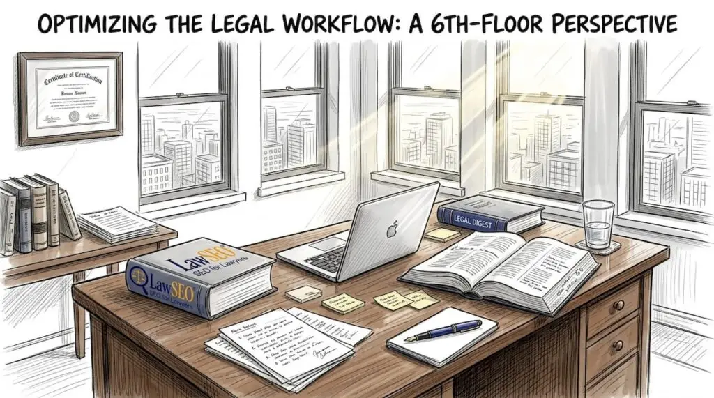 Attorney reviews SEO at cluttered office desk