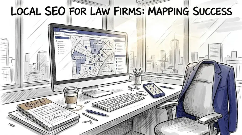 Attorney reviewing local client map in office