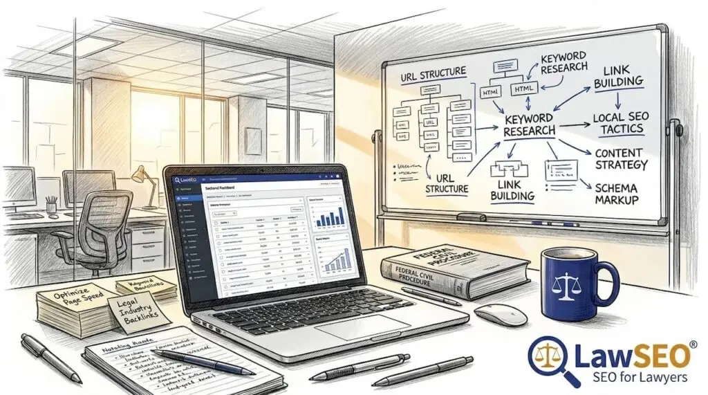 Legal webmaster adjusting internal links on laptop