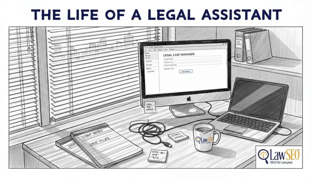 Legal assistant entering new client at desk