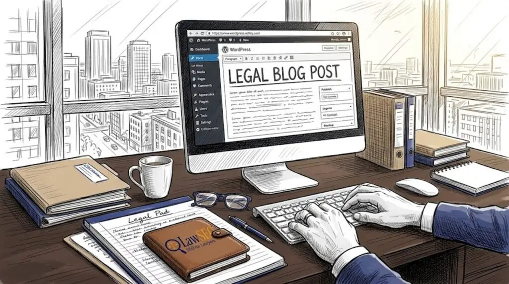 Attorney blogging at law office desk