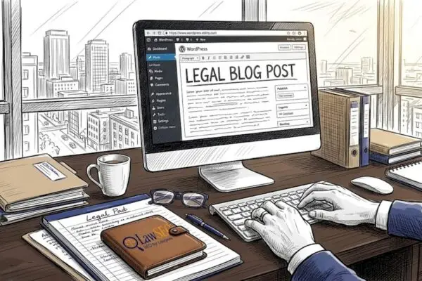 Attorney blogging at law office desk