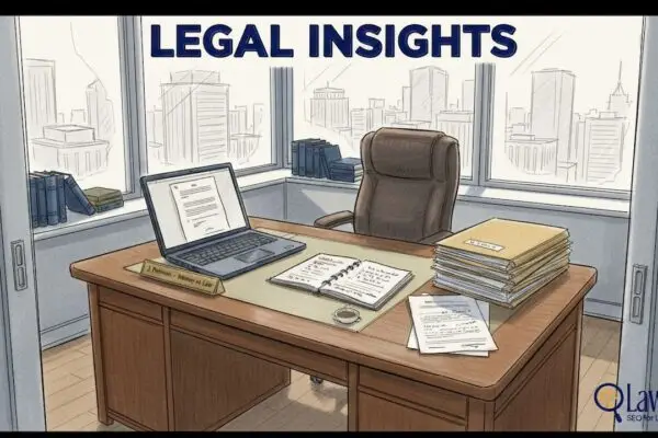 Attorney working in bustling law office desk