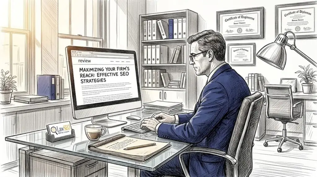 Lawyer reading online review in office