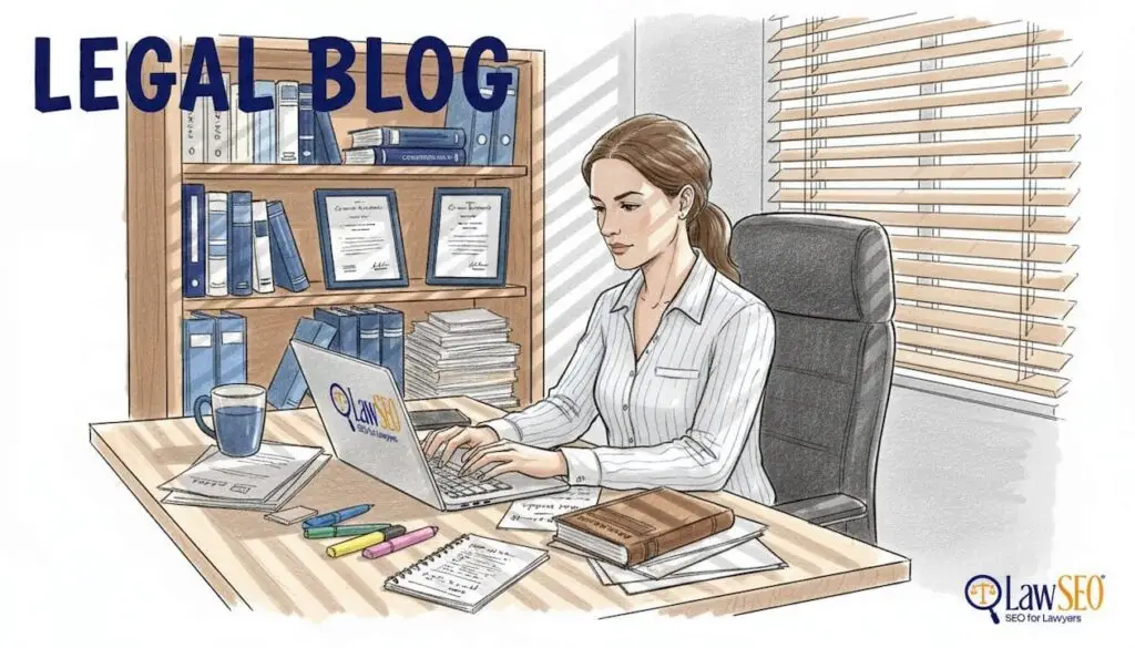 Legal blogger working at home desk with files