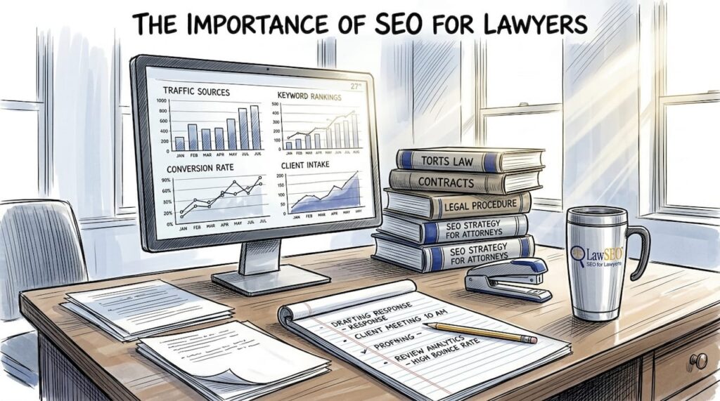 Attorney reviews digital marketing data in law office