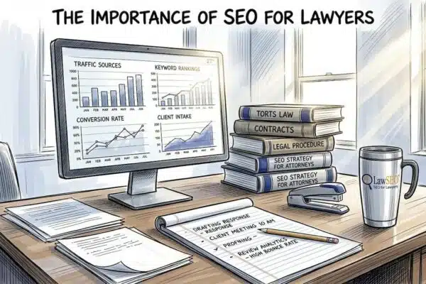 Attorney reviews digital marketing data in law office