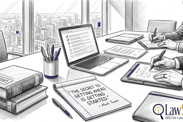 Law firm team reviewing SEO workflow in office