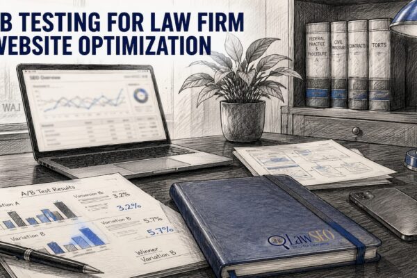 Workspace with SEO A/B testing materials and laptop
