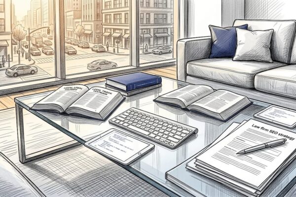 Law office table with legal books and digital SEO tools