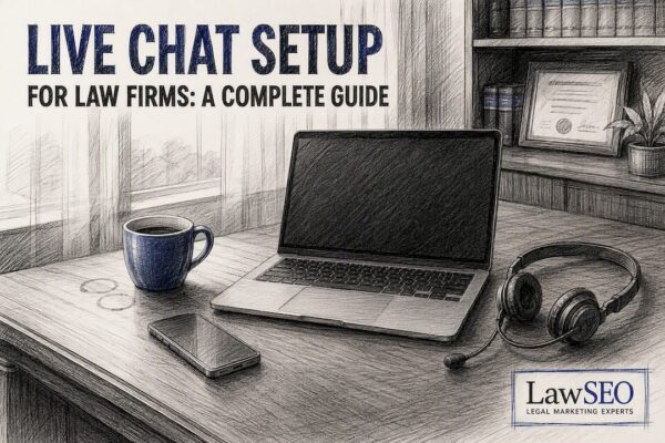Law firm devices setup on desk for live chat