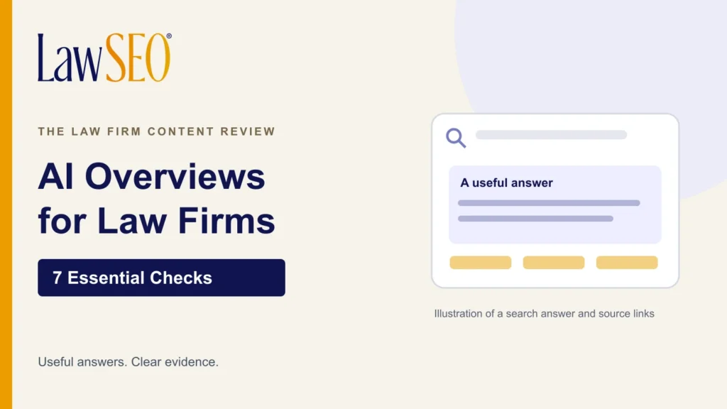 AI Overviews for law firms: seven essential checks, illustrated with a search summary and linked web pages.