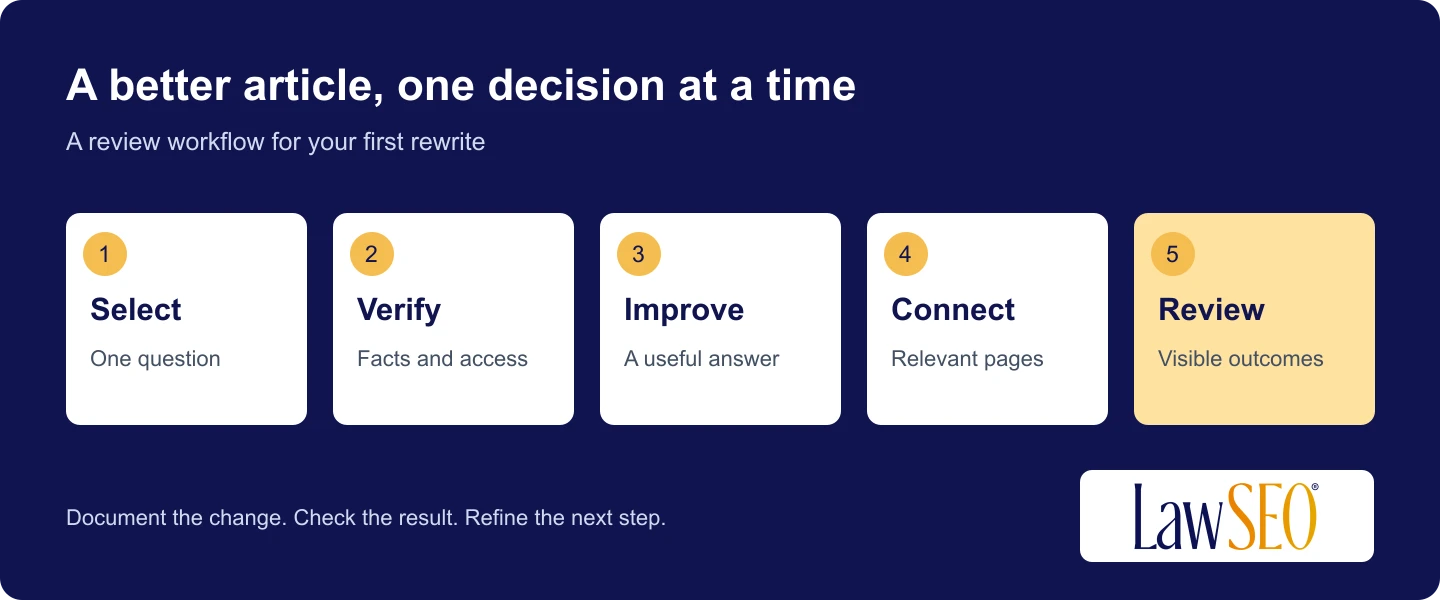 LawSEO workflow: select a question, verify sources, improve the page, connect useful links, and review results.